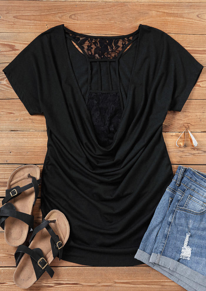 

Blouses Hollow Out Draped Lace Blouse in Black. Size: L,M,,XL