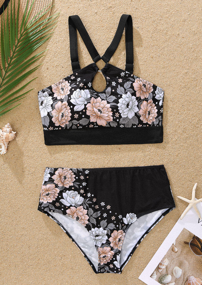 

Bikini Sets Floral Keyhole Neck Bikini Set in Black. Size: L,M,,XL