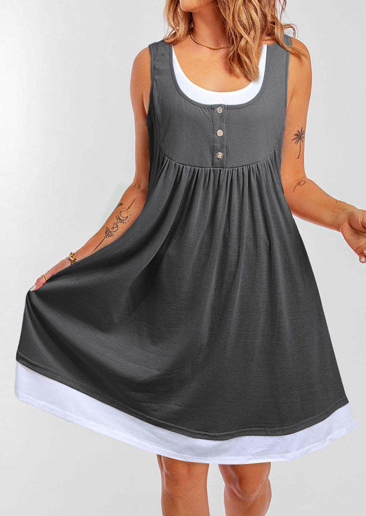 Color Block Button Ruffled Fake Two-Piece Mini Dress - Dark Grey