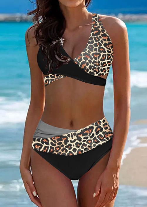 Leopard Color Block Halter Tie Bikini Set