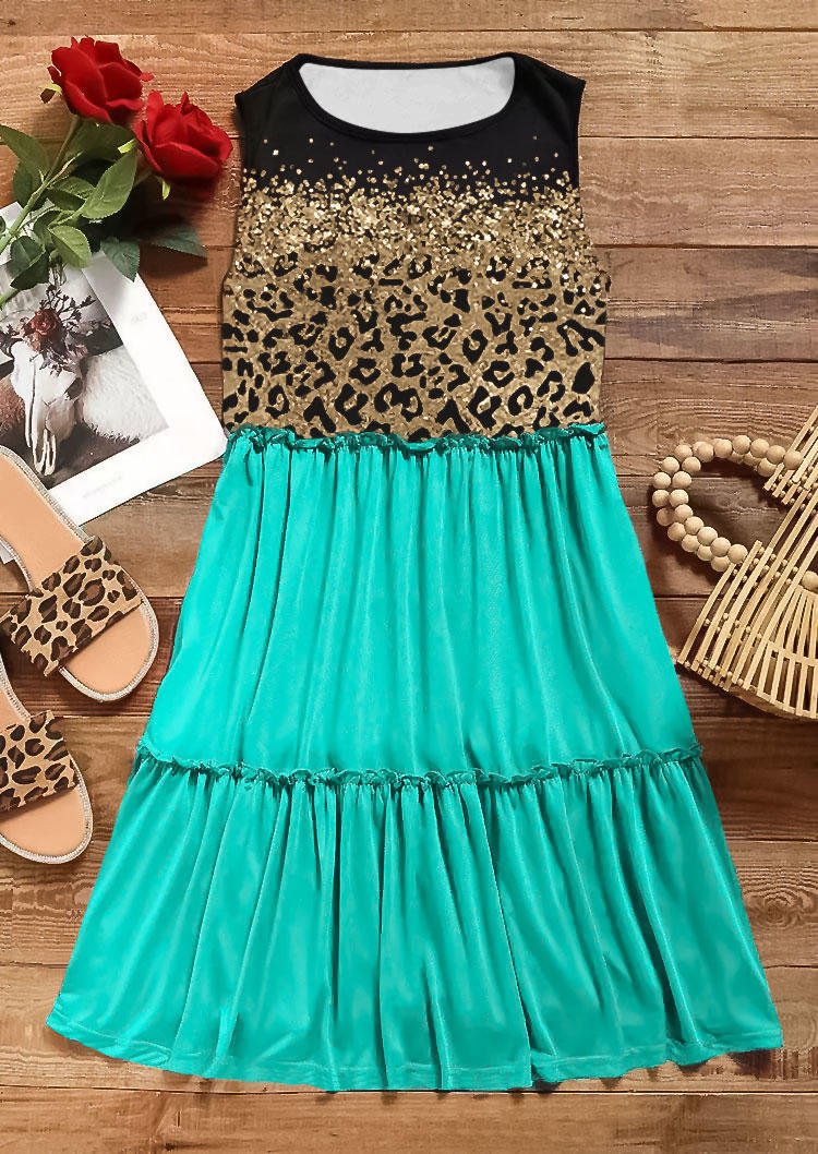 Leopard Glitter Ruffled Sleeveless Mini Dress