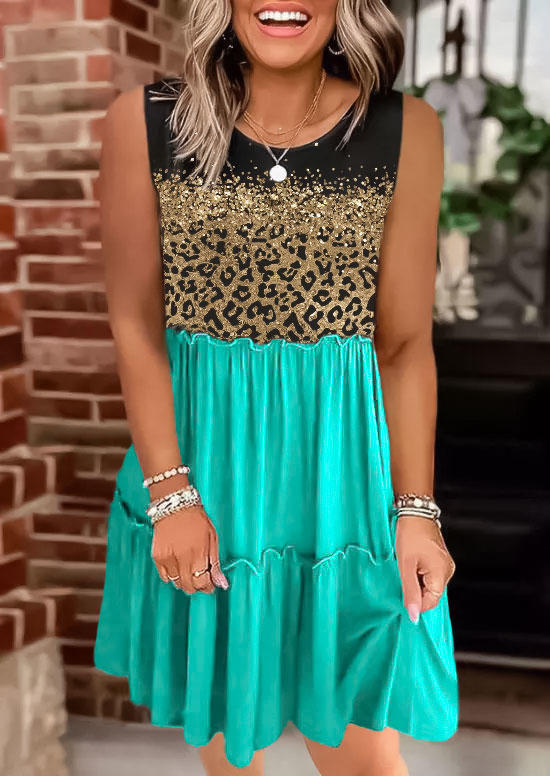 Leopard Glitter Ruffled Sleeveless Mini Dress