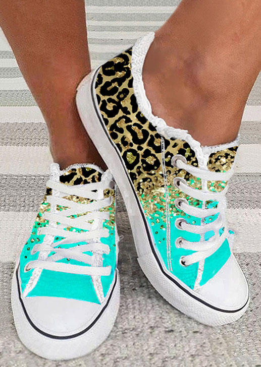 Leopard Gradient Frayed Lace Up Flat Sneakers - Cyan