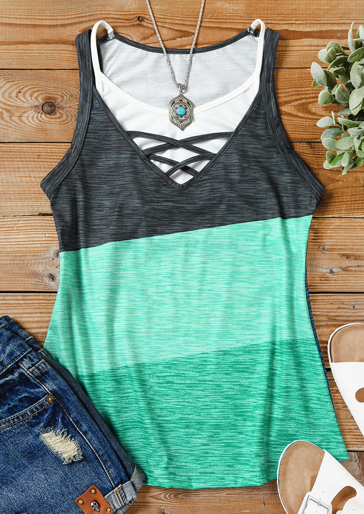 Color Block Criss-Cross Fake Two-Piece Tank