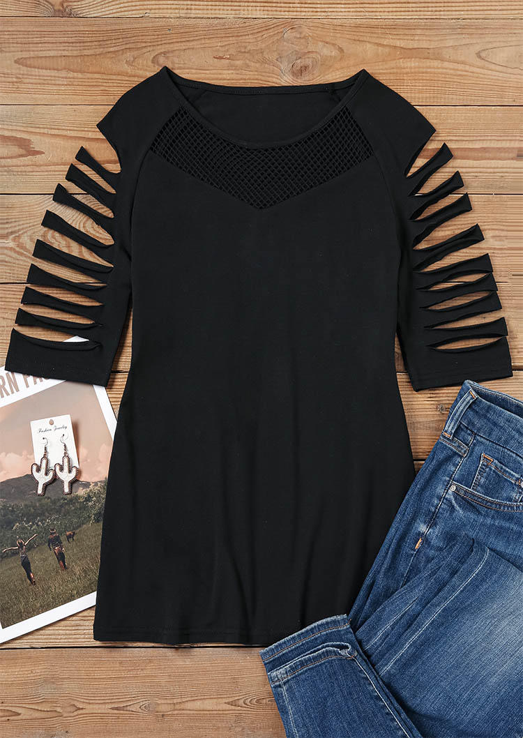 

Blouses Cut Out Mesh Splicing O-Neck Blouse in Black. Size: ,XL
