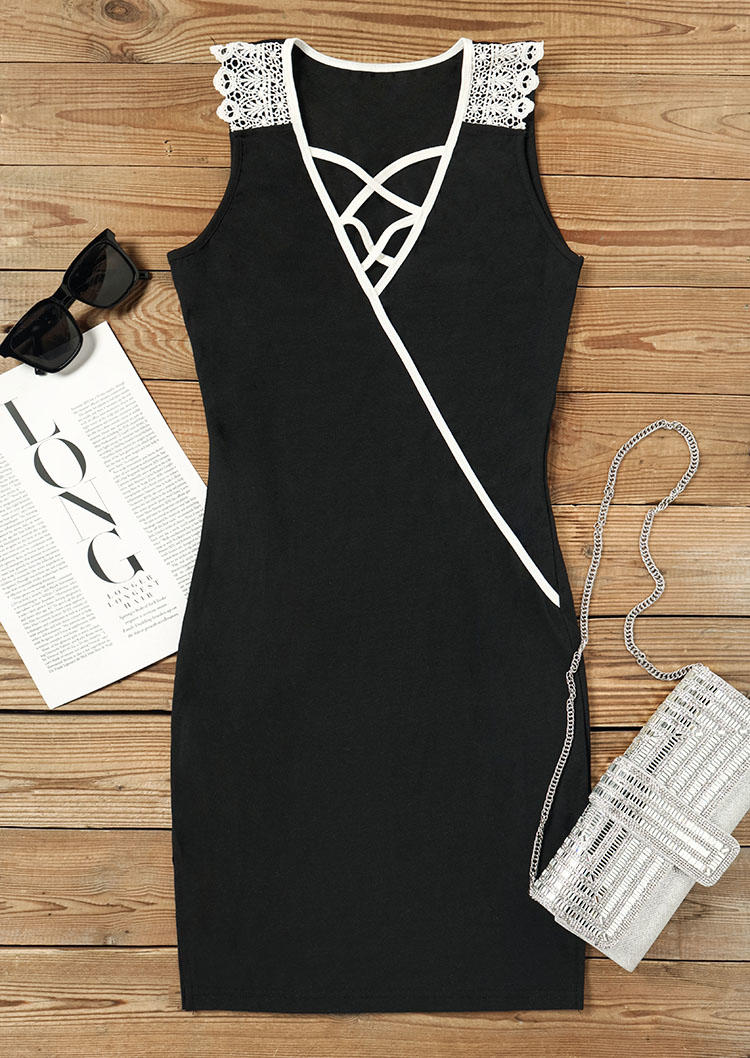 

Mini Dresses Lace Splicing Criss-Cross Slit Mini Dress in Black. Size: L,M,,XL