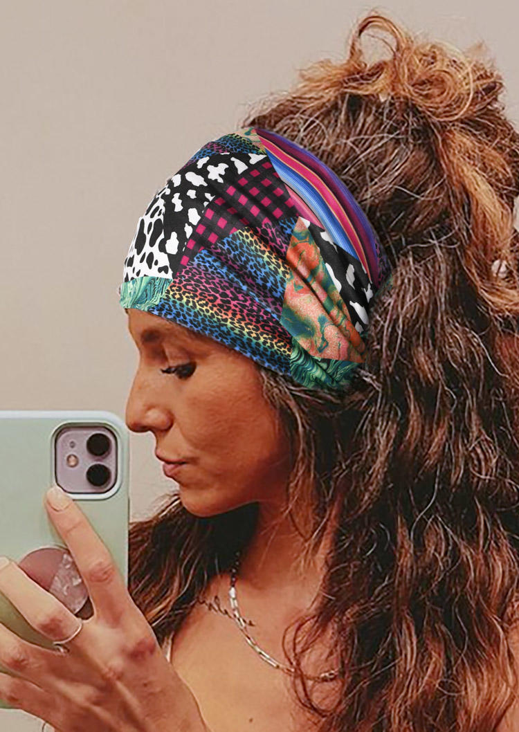 

Leopard Plaid Cow Color Block Striped Sport Wide Headband in Multicolor. Size