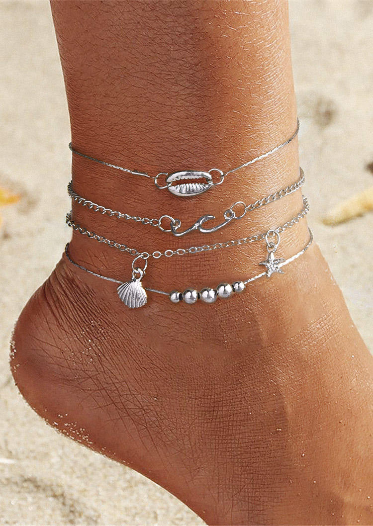 

Body Jewelry 3Pcs Starfish Shell Beading Hollow Out Anklet Set in Silver. Size