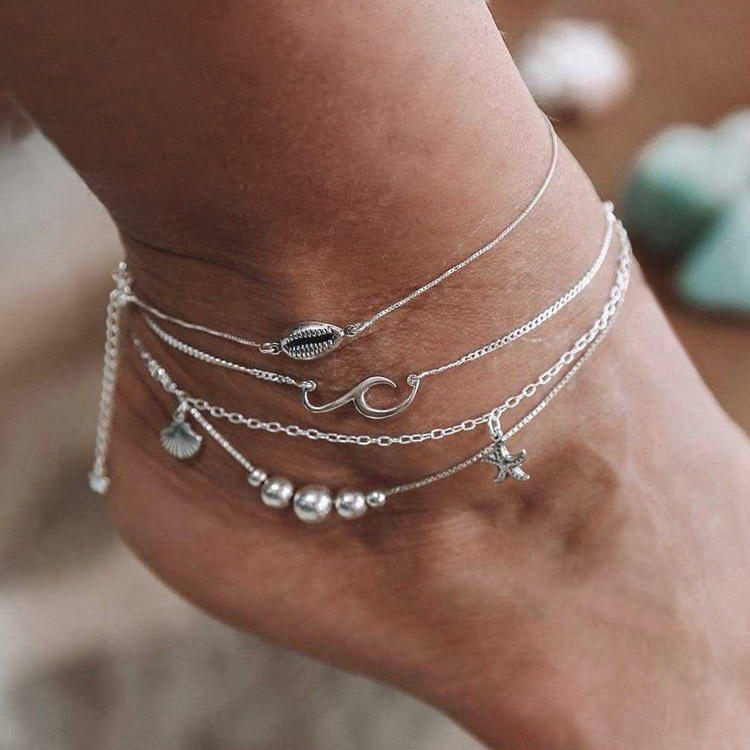 3Pcs Starfish Shell Beading Hollow Out Anklet Set