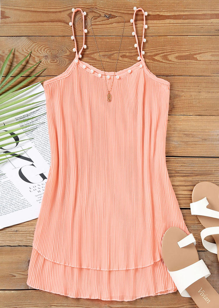 

Mini Dresses Pearls Pleated Chiffon Spaghetti Strap Mini Dress in Orange. Size: L,M,,XL