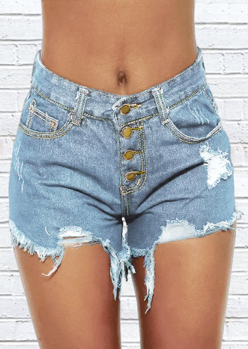 

Shorts Pocket Button Frayed Denim Shorts - Light Blue in Blue. Size
