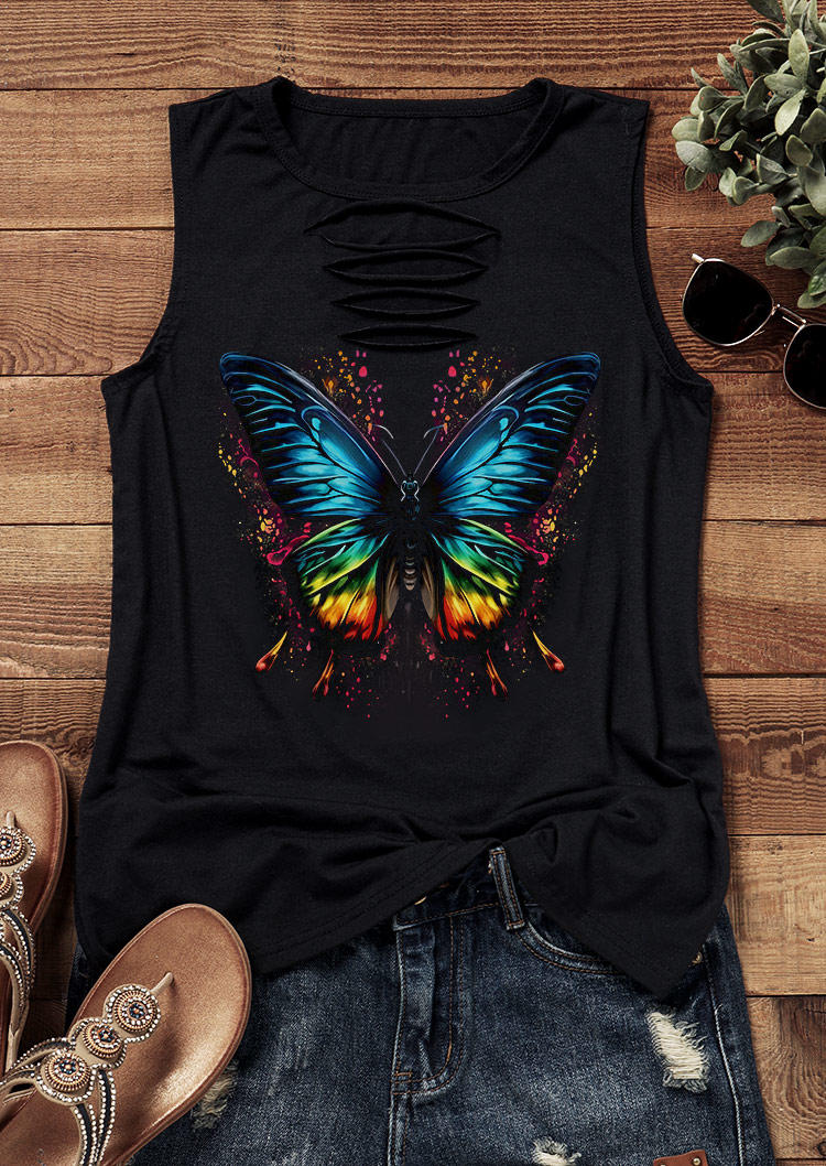 

Tank Tops Butterfly Hollow Out Keyhole Neck Tank Top in Black. Size