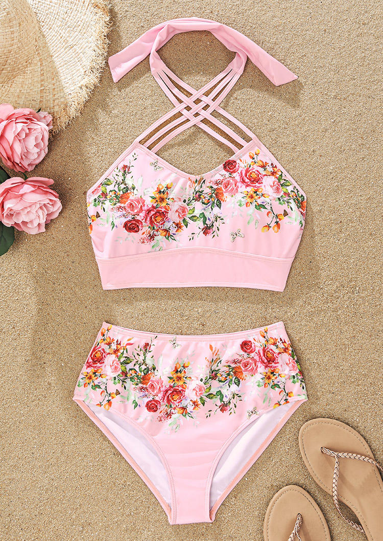 

Bikini Sets Floral Criss-Cross Tie Halter Bikini Set in Pink. Size: L,M,,XL