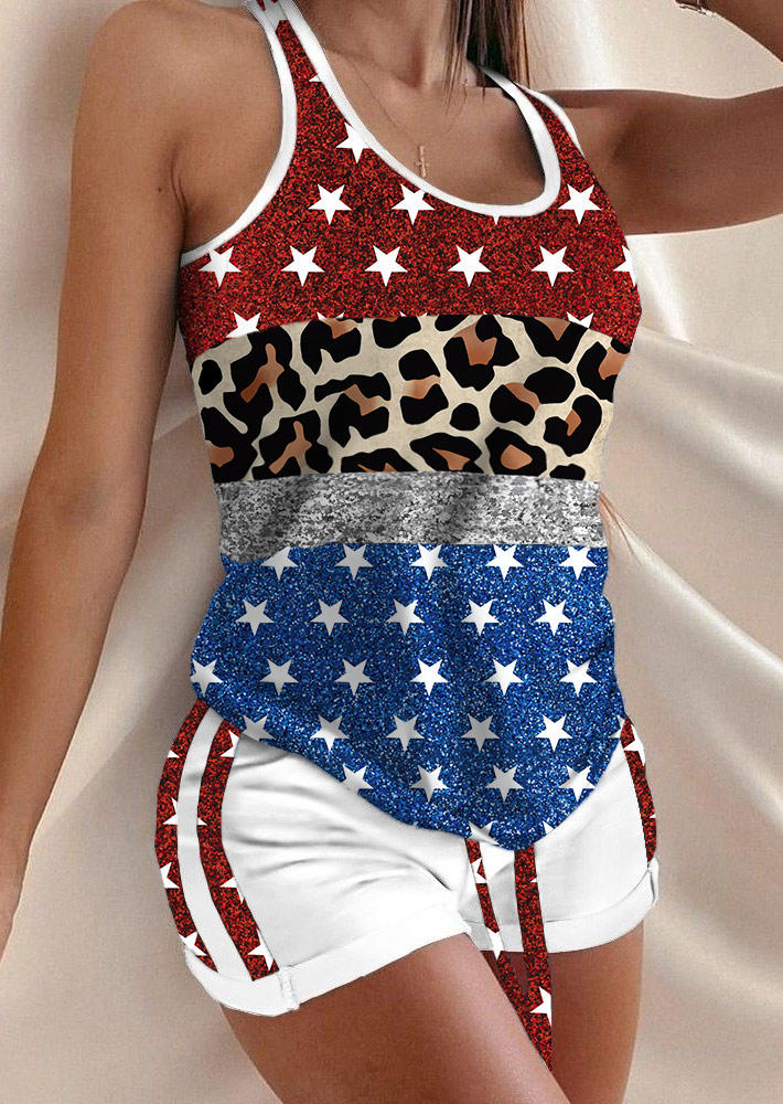 American Flag Leopard Glitter Racerback Tank And Shorts Pajamas Set