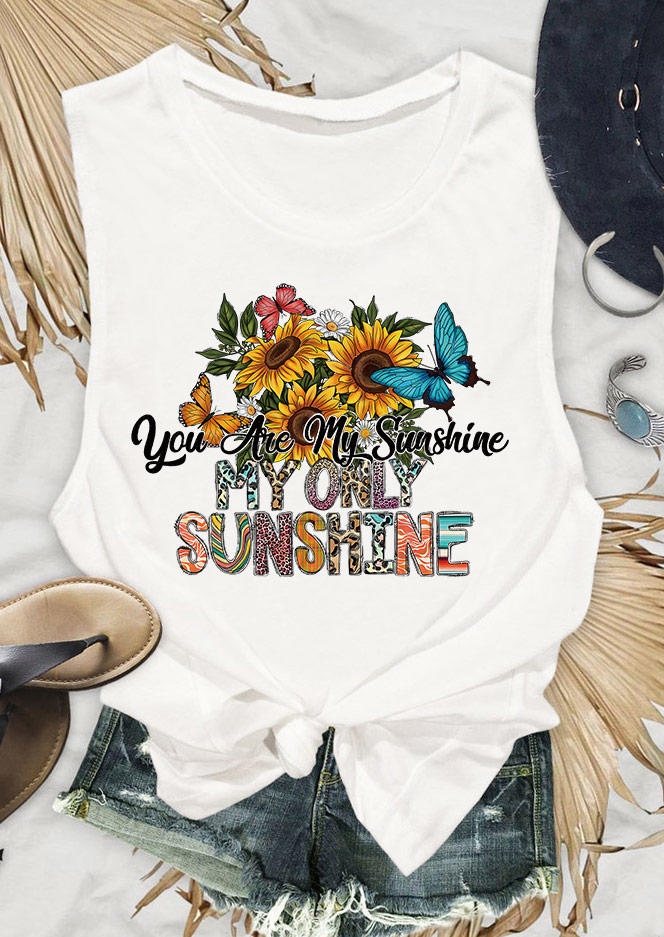 

Tank Tops You Are My Sunshine Sunflower Butterfly Tank Top in White. Size