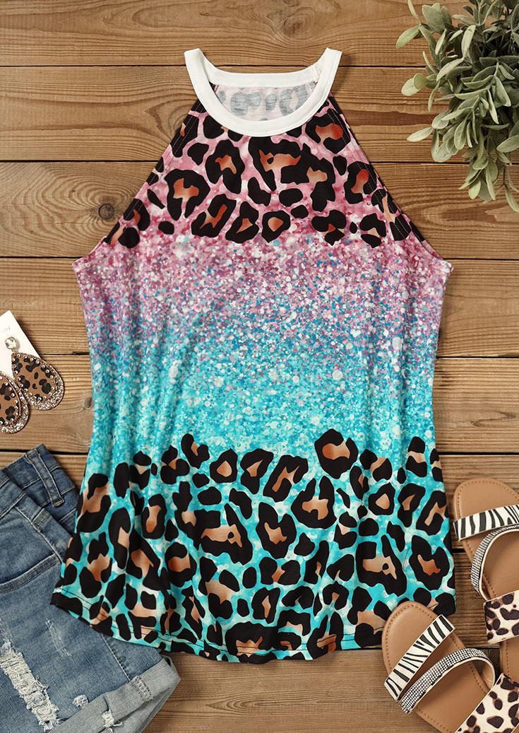 

Tank Tops Leopard Gradient Glitter O-Neck Tank Top in Multicolor. Size: L,M