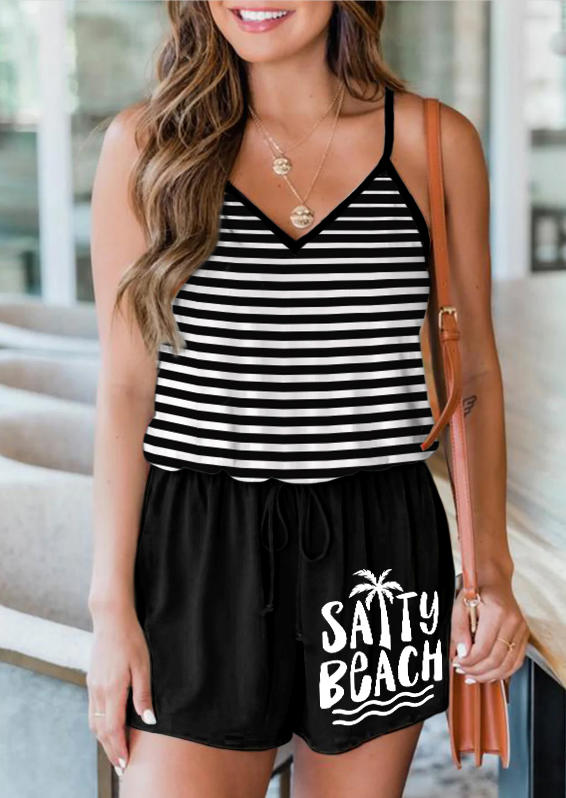 Salty Beach Striped Coconut Tree Romper - Black