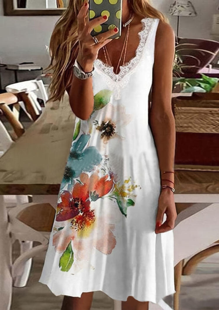 Lace Splicing Floral Mini Dress - White