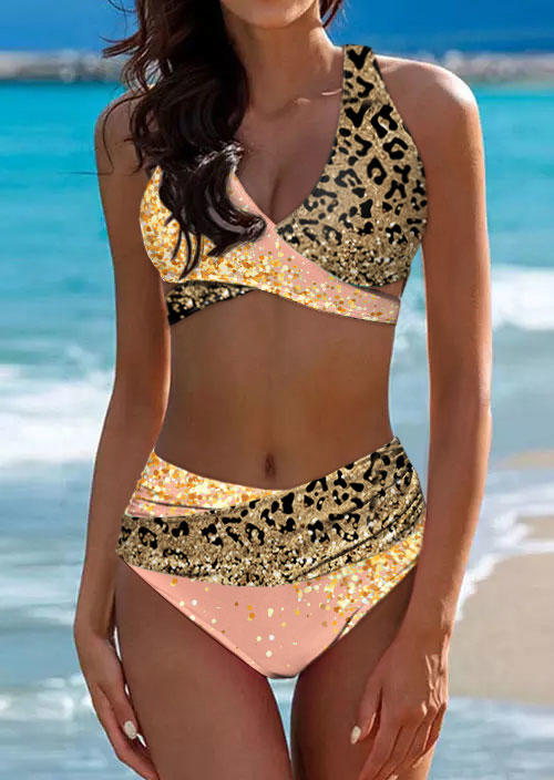 Leopard Glitter Ruched Hollow Out Halter Bikini Set - Pink