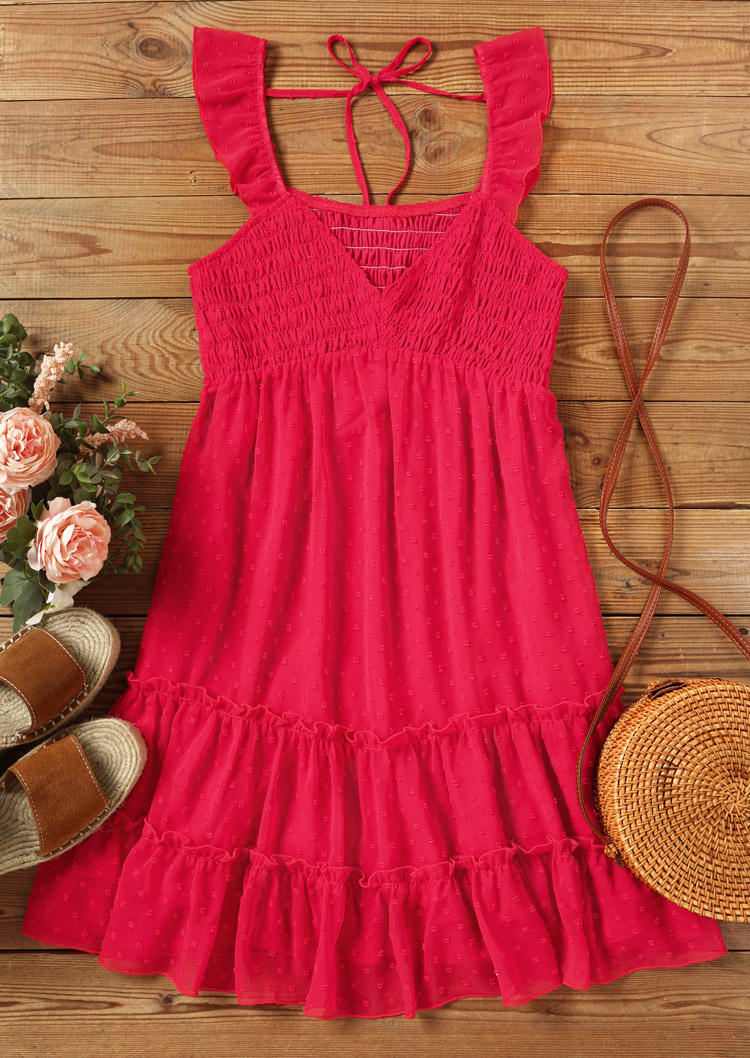 

Mini Dresses Dotted Swiss Smocked Open Back V-Neck Mini Dress in Red. Size: L,M,,XL