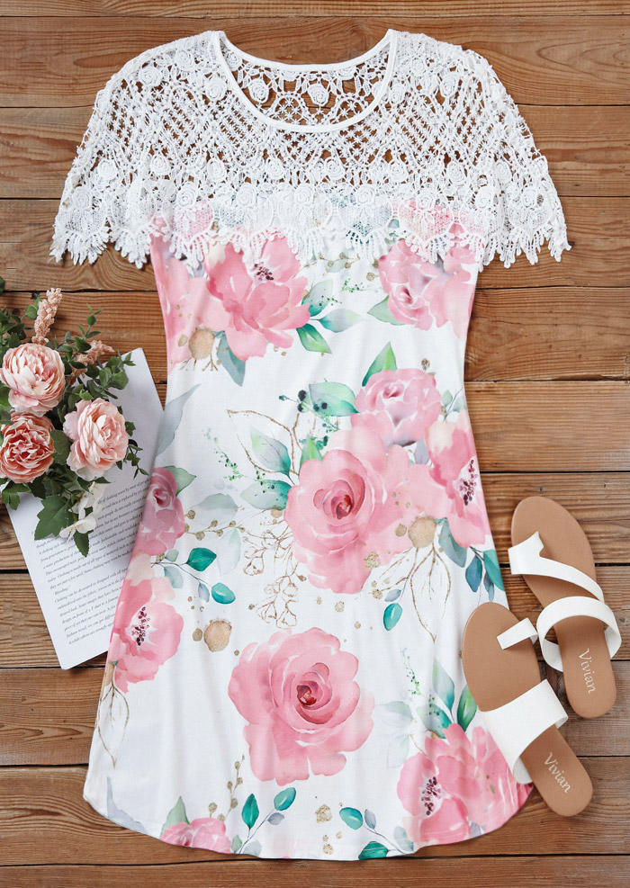 

Mini Dresses Floral Lace Splicing O-Neck Mini Dress in Multicolor. Size: L