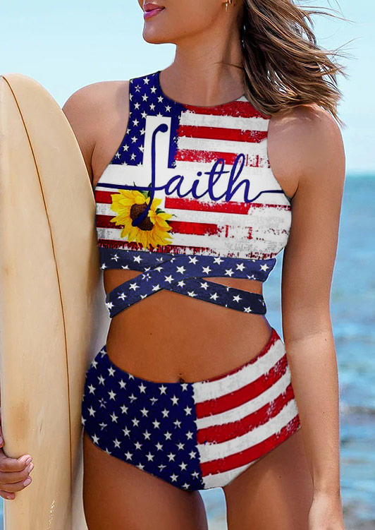 

Bikini Sets American Flag Sunflower Criss-Cross Bikini Set in Multicolor. Size: L,M,,XL