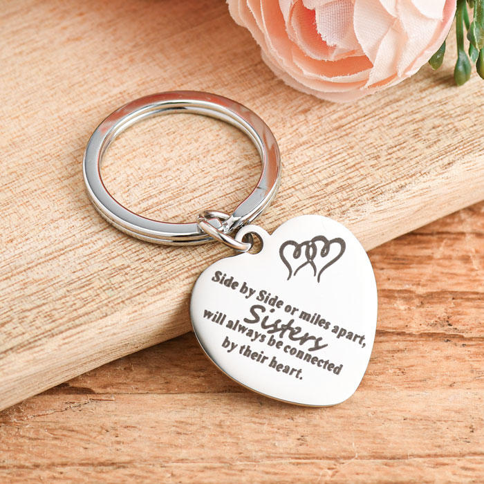 Side By Side Or Miles Apart Sisters Will Always Be Connected By Their Heart Keychain