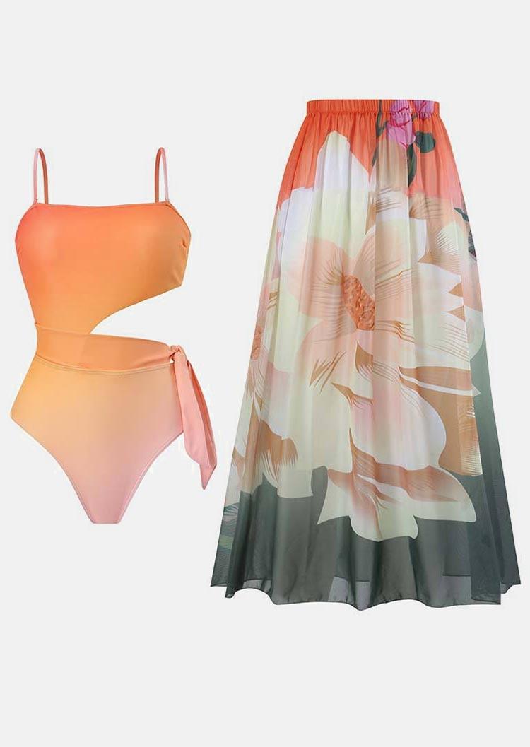 

One-Pieces Swimsuit 2Pcs Ruffled Floral Cover Up Skirt And Gradient Cut Out One-Piece Bathing Suit Swimwear in Multicolor. Size