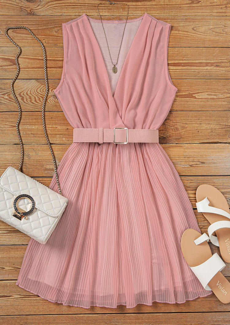 

Mini Dresses Ruched Pleated Chiffon Mini Dress With Belt in Pink. Size: ,XL