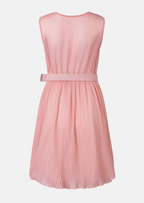 Ruched Pleated Chiffon Mini Dress With Belt - Pink