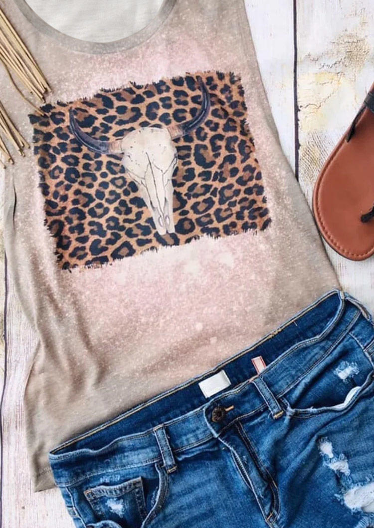 

Tank Tops Leopard Steer Skull Bleached Tank Top in Multicolor. Size: L,M