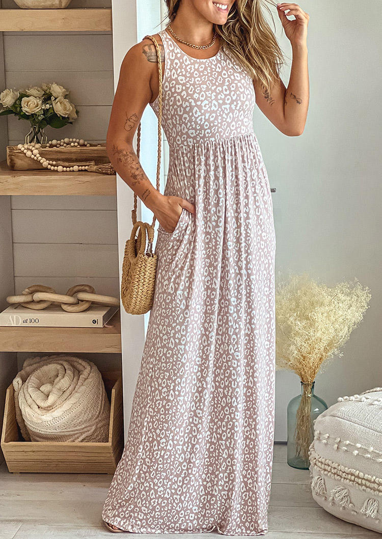 

Maxi Dresses Leopard Pocket Sleeveless O-Neck Maxi Dress in Pink. Size