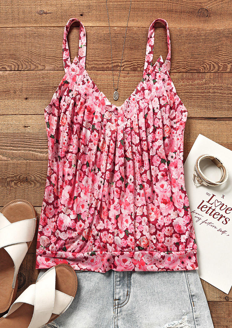 

Tank Tops Floral Ruffled Casual Camisole in Pink. Size