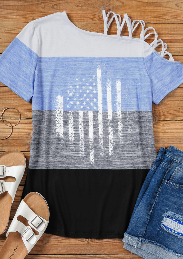 

Blouses American Flag Criss-Cross One Sided Cold Shoulder Blouse in Multicolor. Size: L