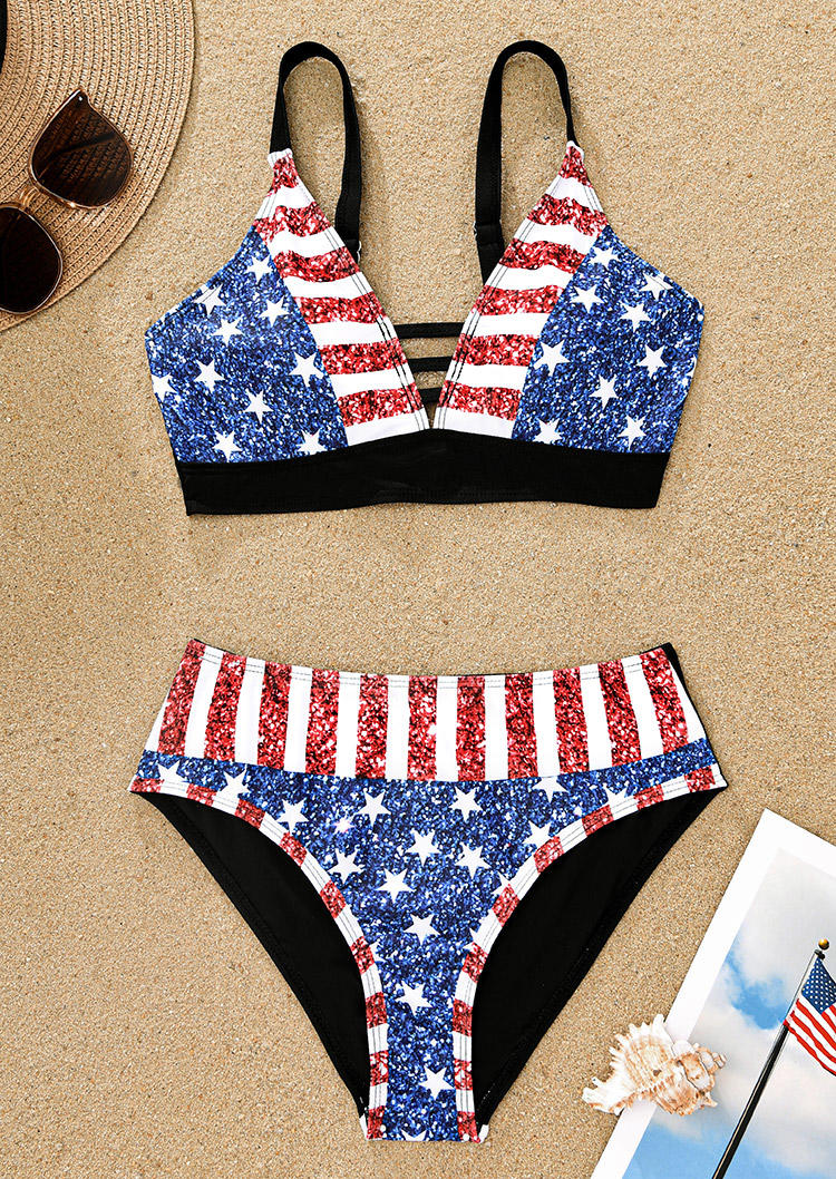 

Bikini Sets American Flag Hollow Out Adjustable Strap Bikini Set in Multicolor. Size: ,XL