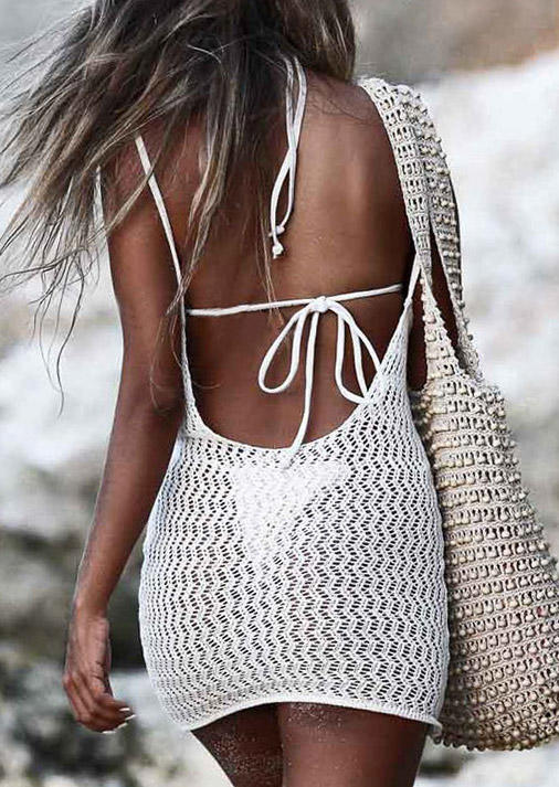 

Cover Ups Hollow Out Crochet Open Back Cover Up Dress in White. Size