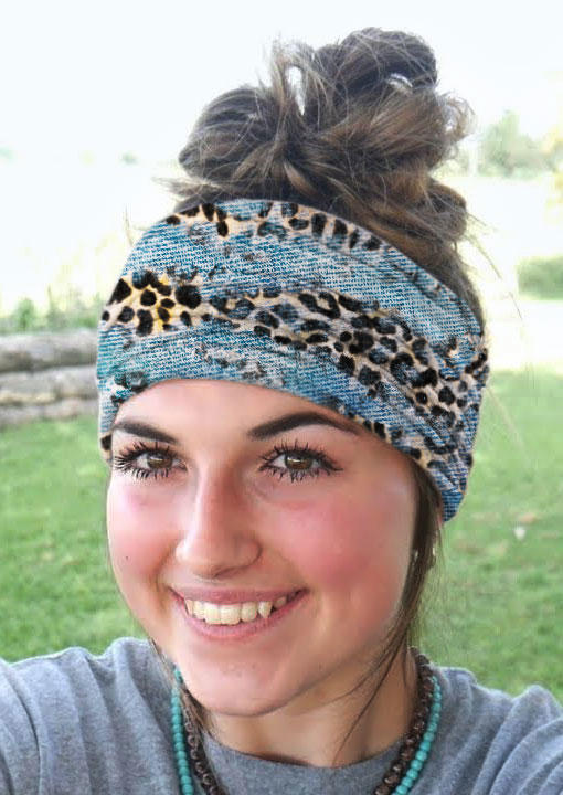 

Leopard Washed Denim Sports Wide Headband in Multicolor. Size