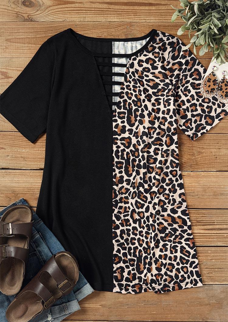 

Blouses Leopard Color Block Hollow Out Casual Blouse in Multicolor. Size: ,XL