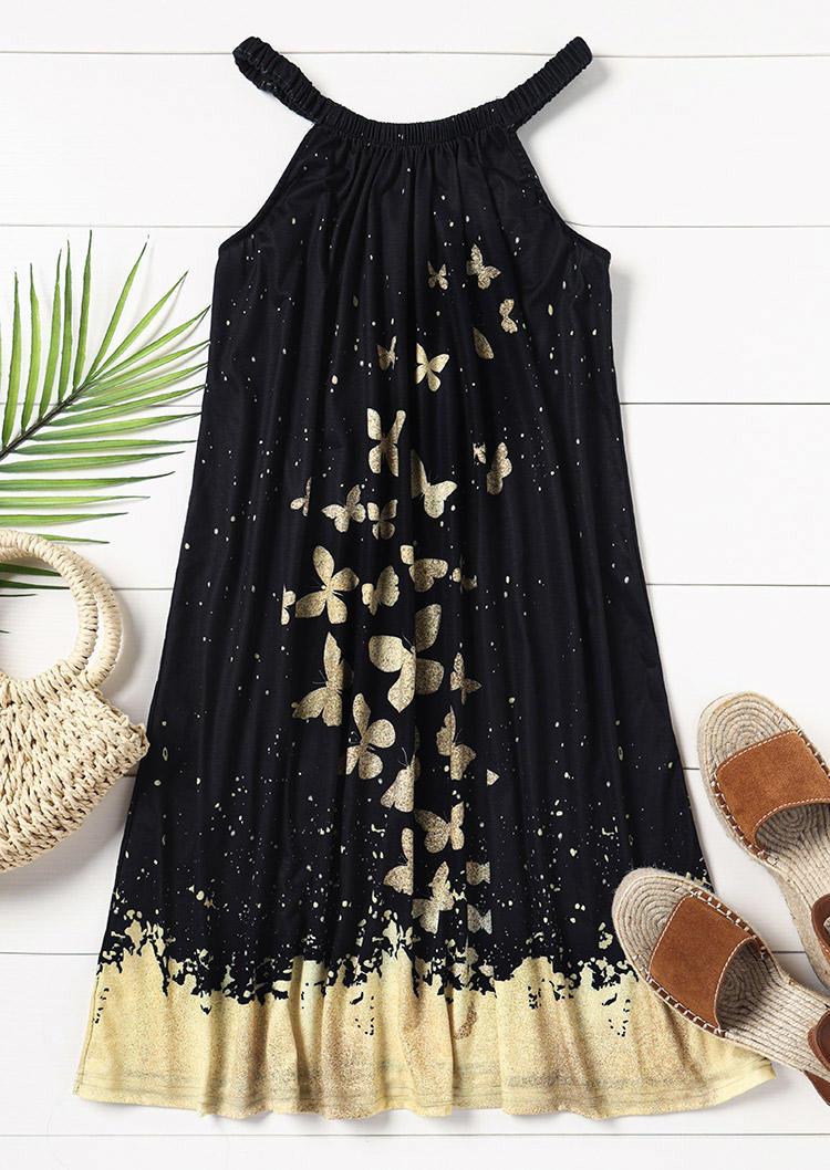 

Mini Dresses Glitter Butterfly Ruffled Spaghetti Strap Mini Dress in Black. Size: L,M,,XL