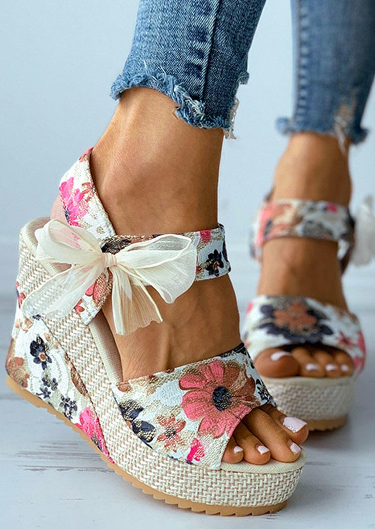 

Sandals Floral Glitter Bowknot Espadrille Peep Toe Wedge Sandals in Multicolor. Size