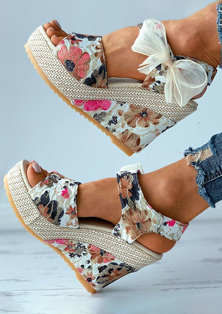 Floral Glitter Bowknot Espadrille Peep Toe Wedge Sandals
