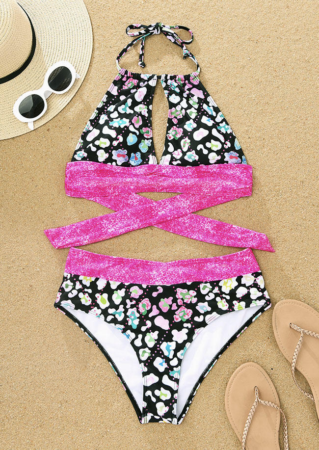 

Bikini Sets Abstract Graphic Glitter Hollow Out Criss-Cross Halter Bikini Set in Multicolor. Size: L,M,,XL