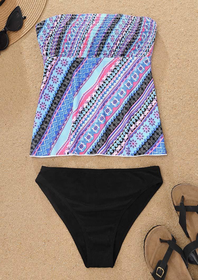 

Tankinis Allover Print Smocked Strapless Bandeau Tankini Set in Multicolor. Size: L,M
