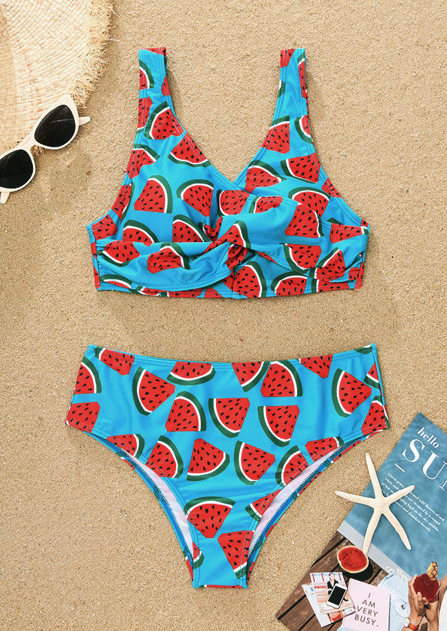 

Bikini Sets Watermelon Criss-Cross Ruched Bikini Set in Blue. Size: L,M,,XL