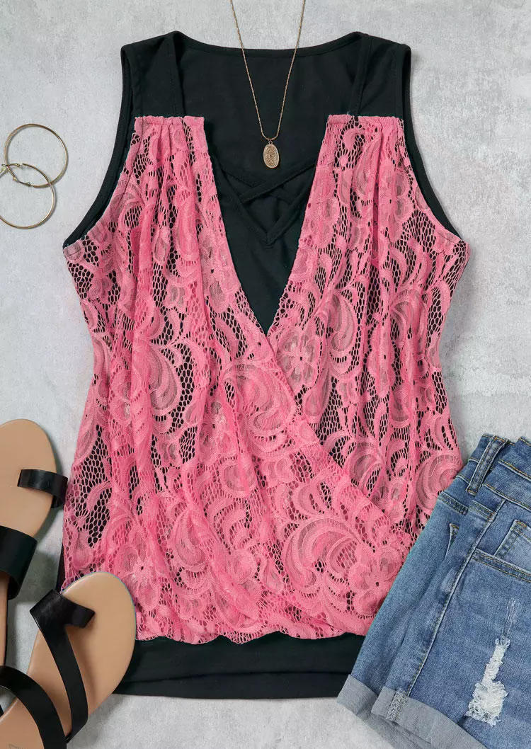 

Tank Tops Lace Splicing Criss-Cross Fake Two-Piece Tank Top in Pink. Size: L,,XL