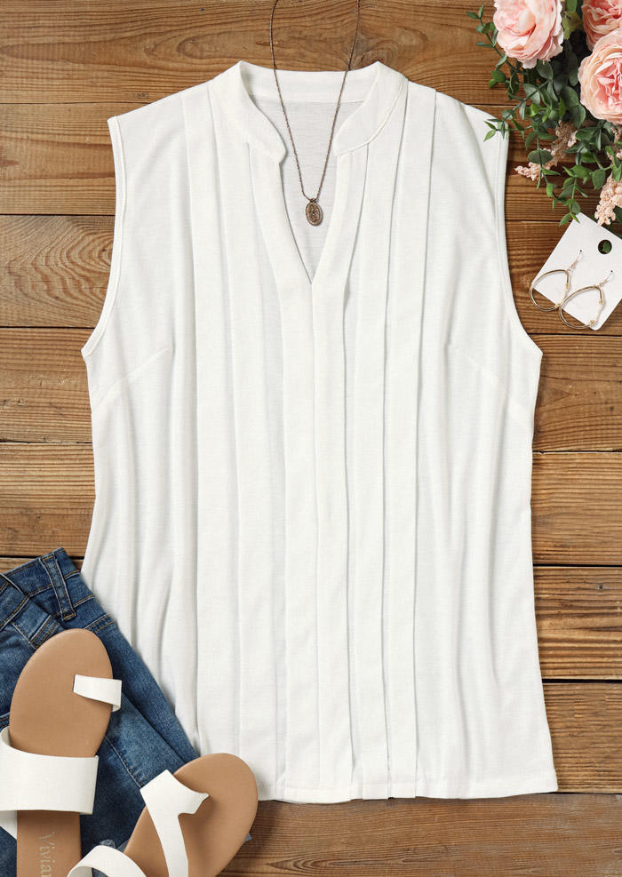 Ruffled Casual Notched Neck Tank - White