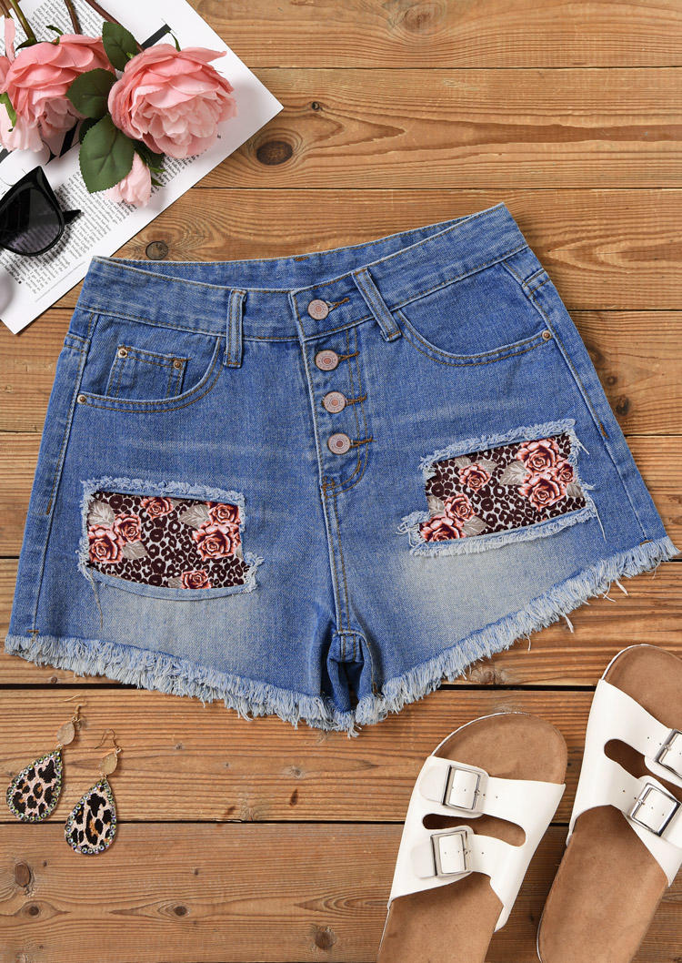 

Shorts Leopard Floral Pocket Button Ripped Denim Shorts in Blue. Size: L,M,,XL