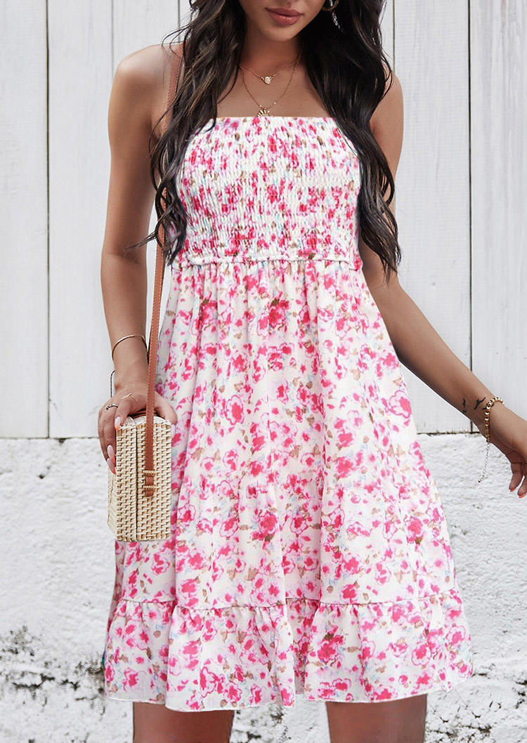 Ditsy Floral Ruffled Smocked Strapless Bandeau Mini Dress