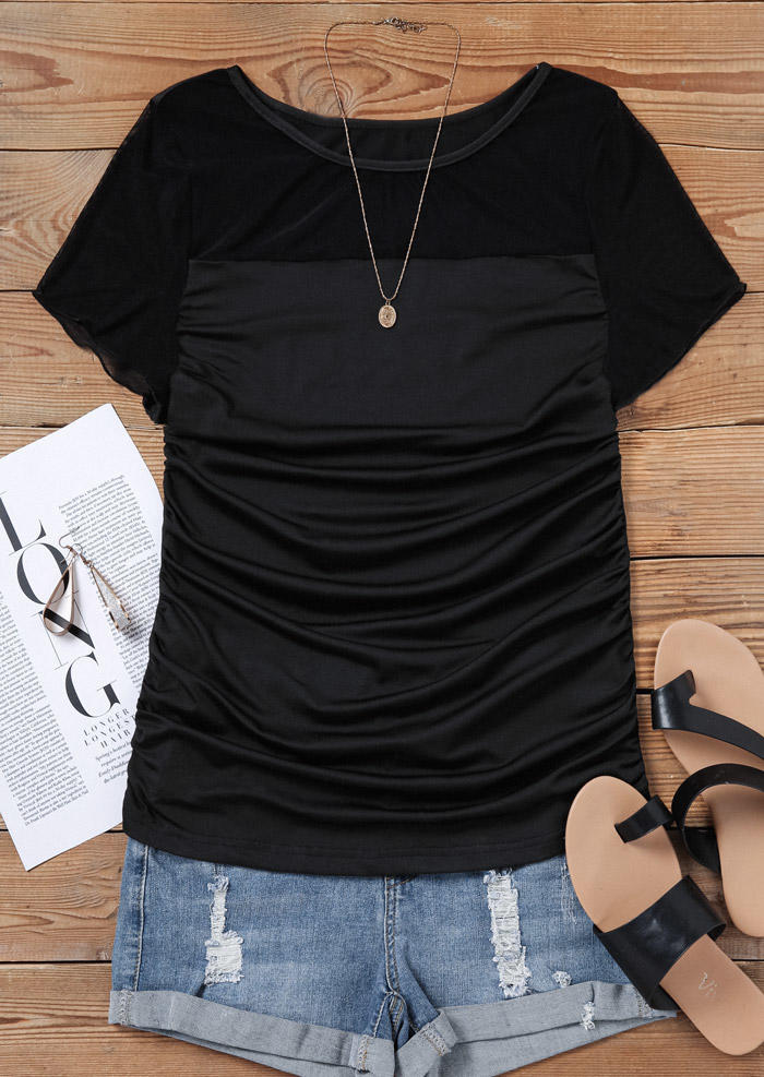 

Blouses Mesh Splicing Ruched O-Neck Blouse in Black. Size: M