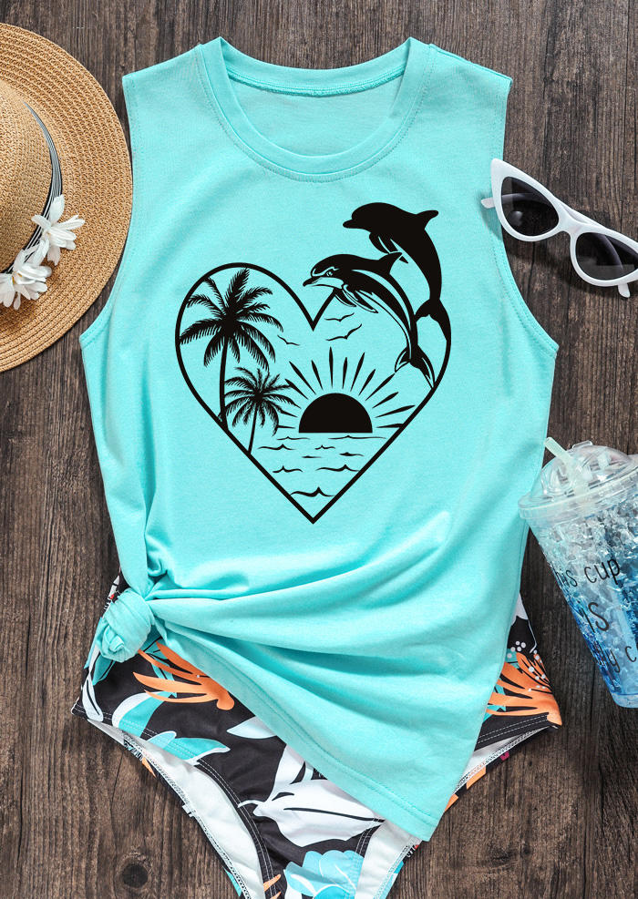

Tank Tops Dolphin Coconut Tree Sun Heart Tank Top - Cyan in Blue. Size: L,M
